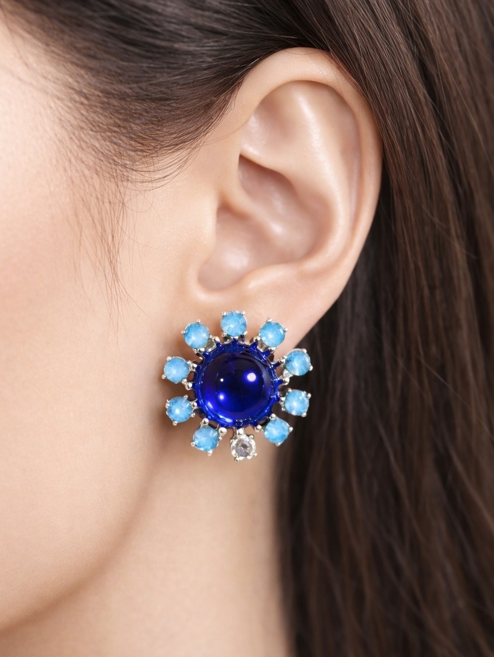 2/$30 Dressbarn Blue Flower Stud Earrings – One Missing Stone - Women Jewelry